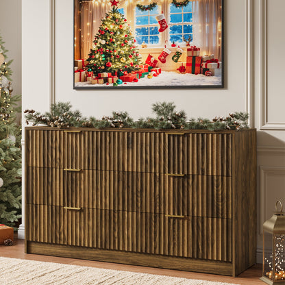 YouTrend 6 Drawer Dresser for Bedroom,55.1"Width Fluted Wood Chest of Drawer with Golden Embedded Handles for Living Room,Black