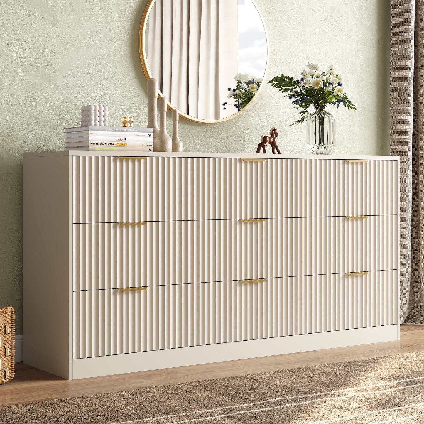 ASTUVIA 55.1" W Fluted 6 Drawer Dresser for Adult,Wooden Bedroom Dresser,Dresser TV Stand up to 65" for Living Room,Brown
