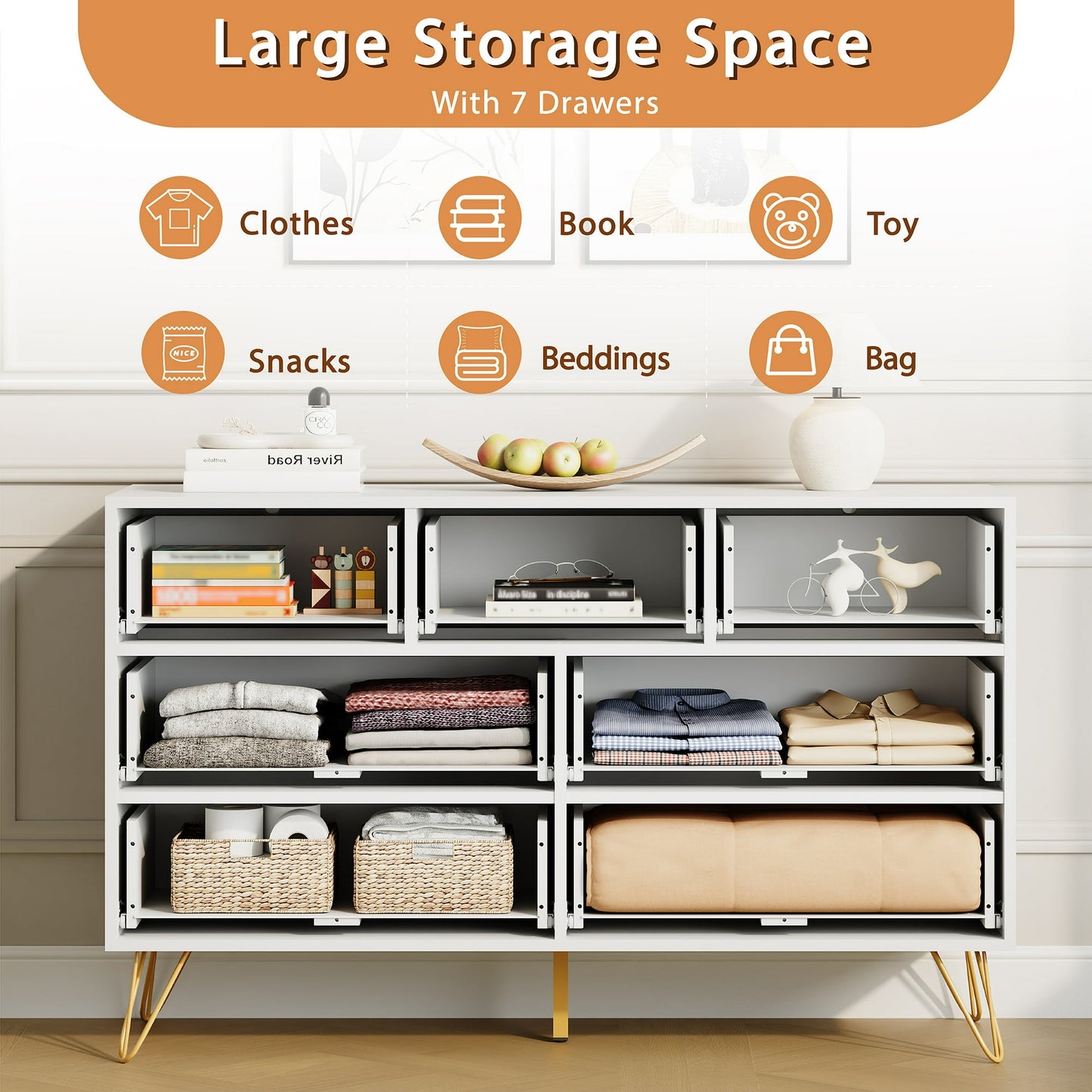 YouTrend White 7 Drawer Dresser with Fluted Wood and Metal Handles Legs for Bedroom Living Room Hallway