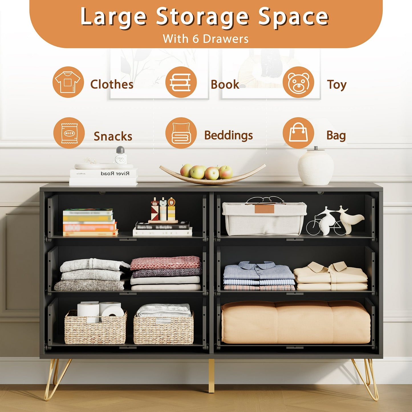 YouTrend White 6 Drawer Dresser with Fluted Wood and Metal Handles Legs for Bedroom Living Room Hallway