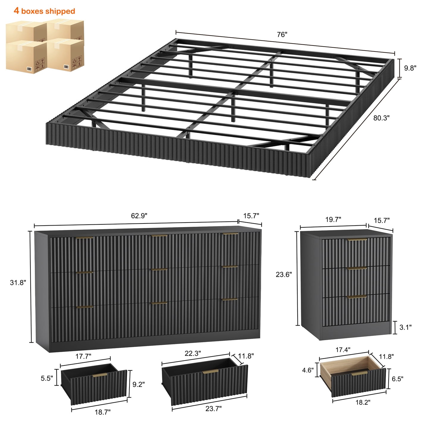 ASTUVIA 4-Piece Bedroom Set for Adult, Fluted Queen Floating LED Bed Frame with 2 Nightstands and Fluted Drawer Dressers