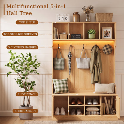 ASTUVIA 70.9"H LED Hall Tree with Bench & Shoe Storage, 47.2"W Entryway Coat Rack with 5 Hooks & 2 Fluted Doors,5 in 1 Coat Hanger for Hallway, Living Room