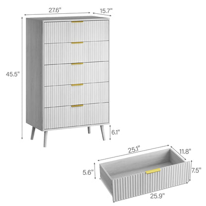 YouTrend 5 Drawer Dresser for Bedroom,Tall Dresser with Metal Handle,Fluted Dresser Modern Storage Cabinet for Home Office Living Room,White