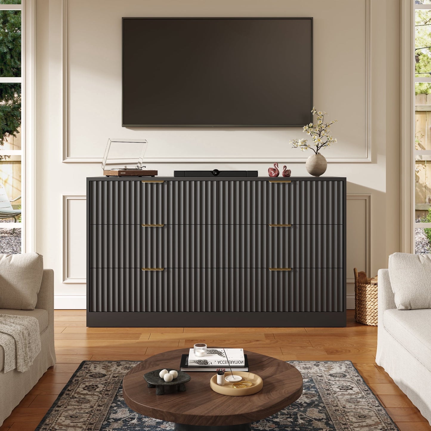 ASTUVIA 55.1" W Fluted 6 Drawer Dresser for Adult,Wooden Bedroom Dresser,Dresser TV Stand up to 65" for Living Room,Brown