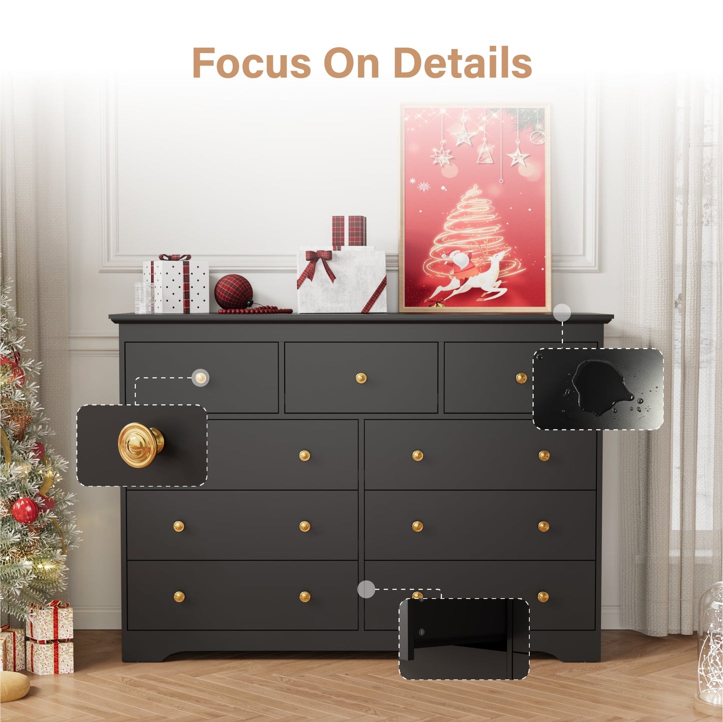 YouTrend 55.1" Wide Dresser for Bedroom, 10 Drawer Dresser with Large Drawers, Dresser for TVs Up to 65",Brown
