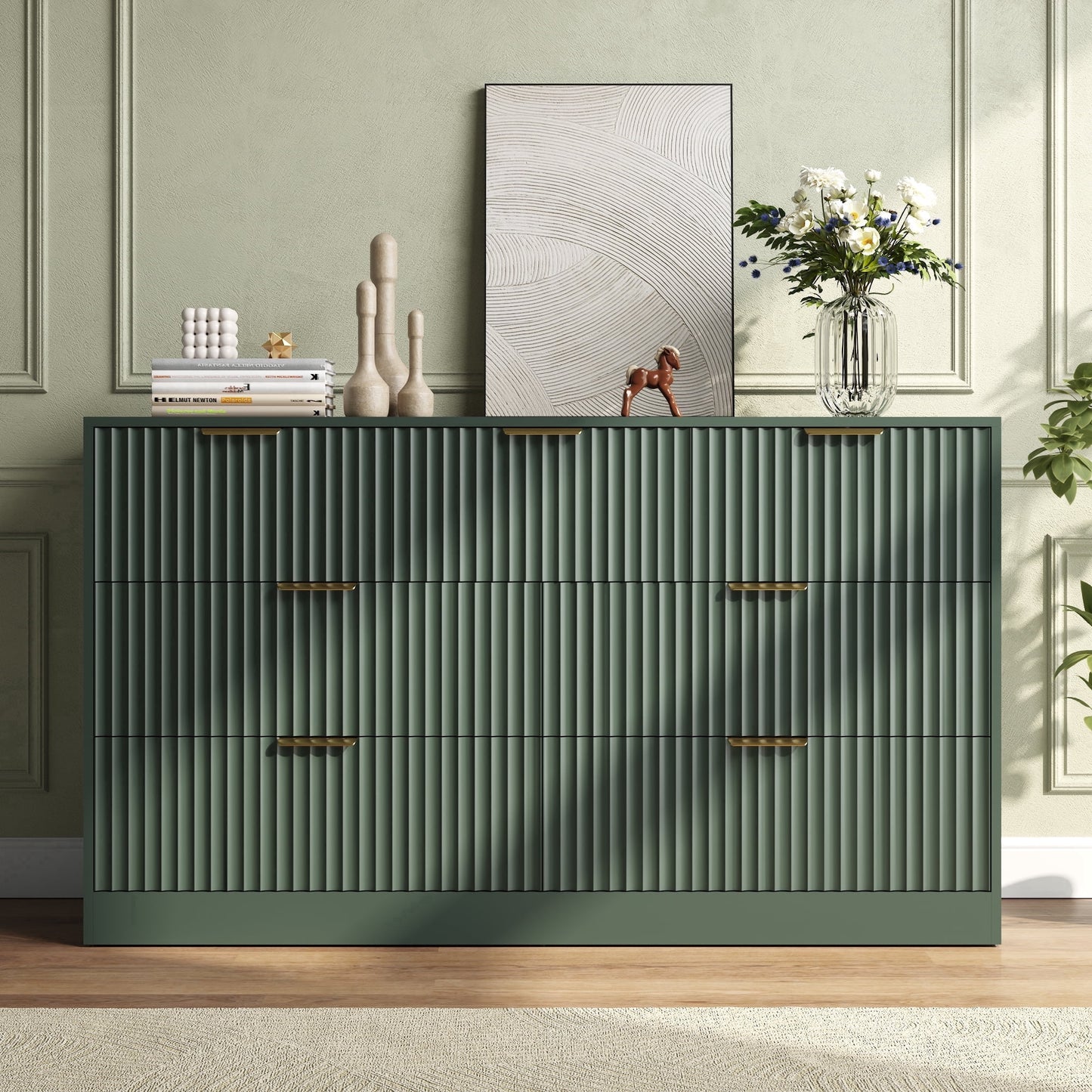 ASTUVIA 55.1" W Fluted 6 Drawer Dresser for Adult,Wooden Bedroom Dresser,Dresser TV Stand up to 65" for Living Room,Brown