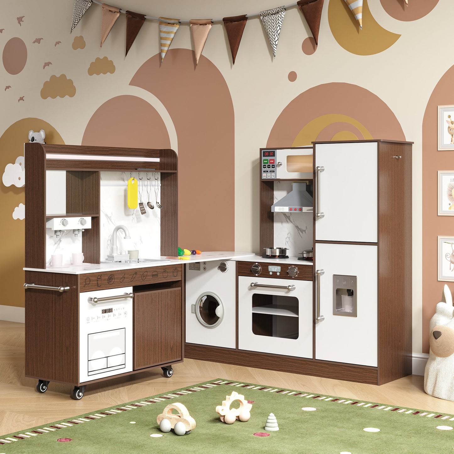 ASTUVIA Wooden Play Kitchen For Kids With Realistic Lights & Sounds, Smart Storage, Pretend Ice Maker, Sink, Stove, Inspiring Creative Role Play Toy