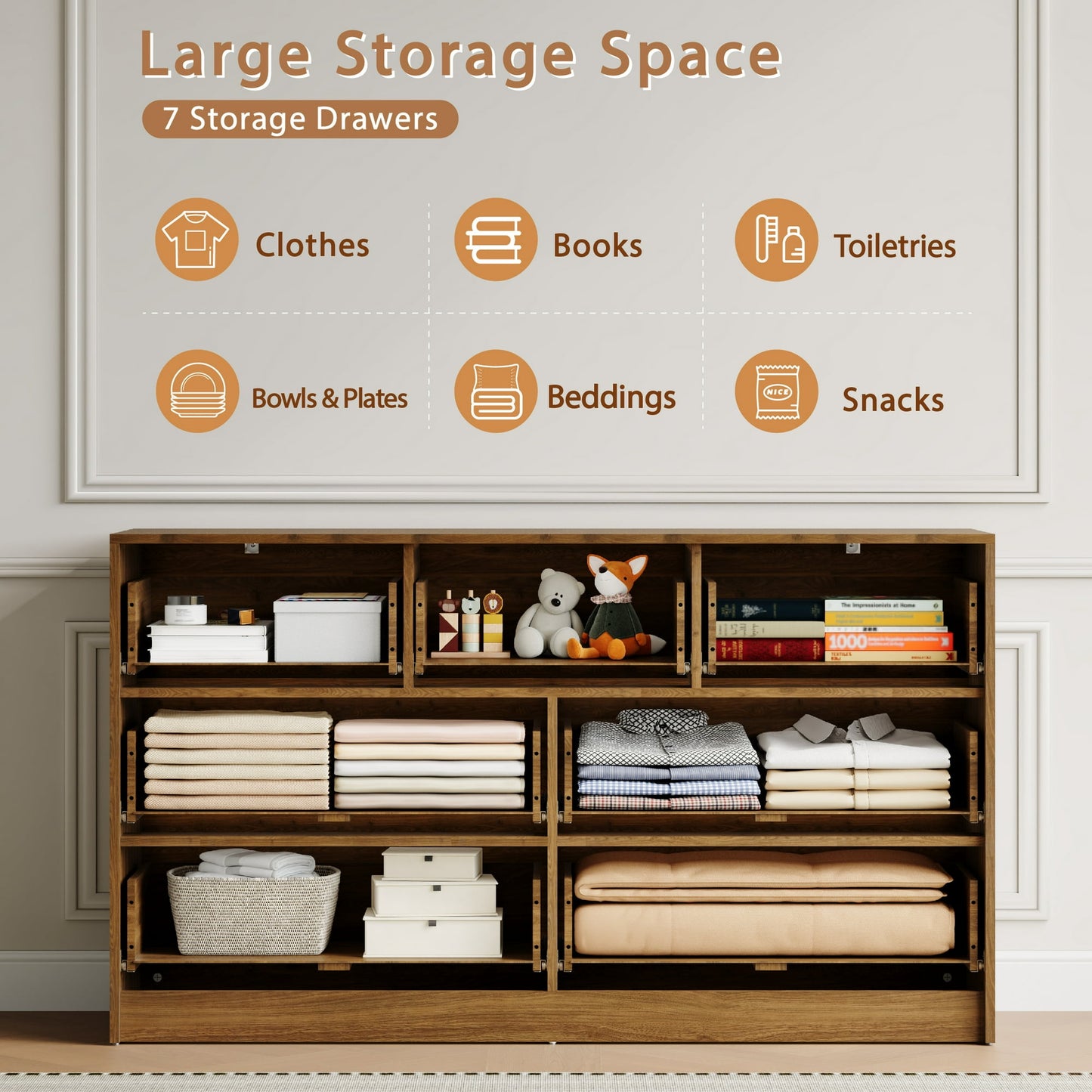 YouTrend Dresser for Bedroom with 7 Drawers,Fluted Dresser with Metal Handle,Modern Chest of Drawer TV Stand,Wood Closet Clothes Storage Organizer for Living Room,Hallway