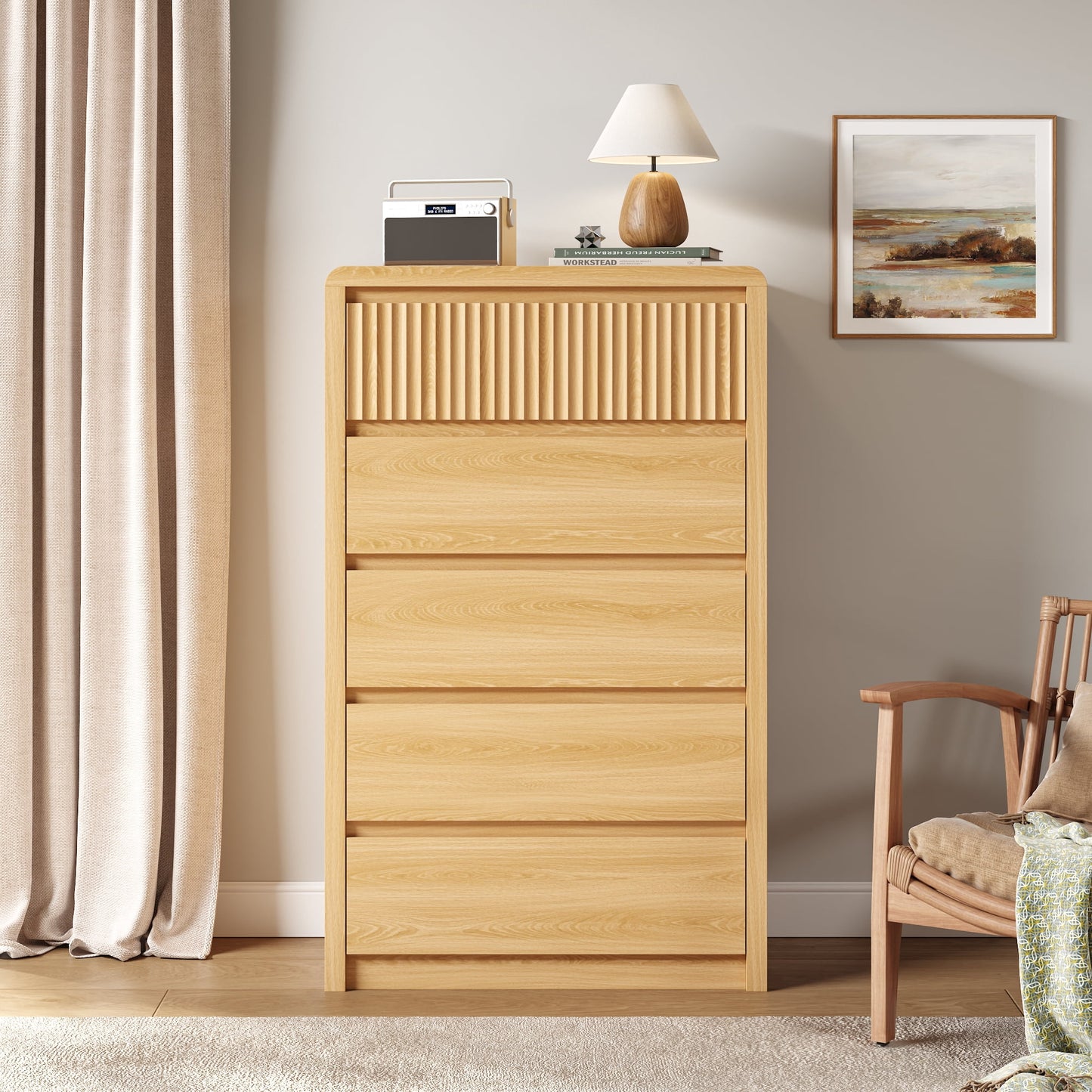 ASTUVIA 9 Fluted Drawers Dresser for Bedroom, 49.2" W Modern Chest of Drawers with Curved Profile Design, Mid Century Storage Dressers Organizer,Brown