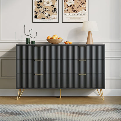 YouTrend White 6 Drawer Dresser with Fluted Wood and Metal Handles Legs for Bedroom Living Room Hallway