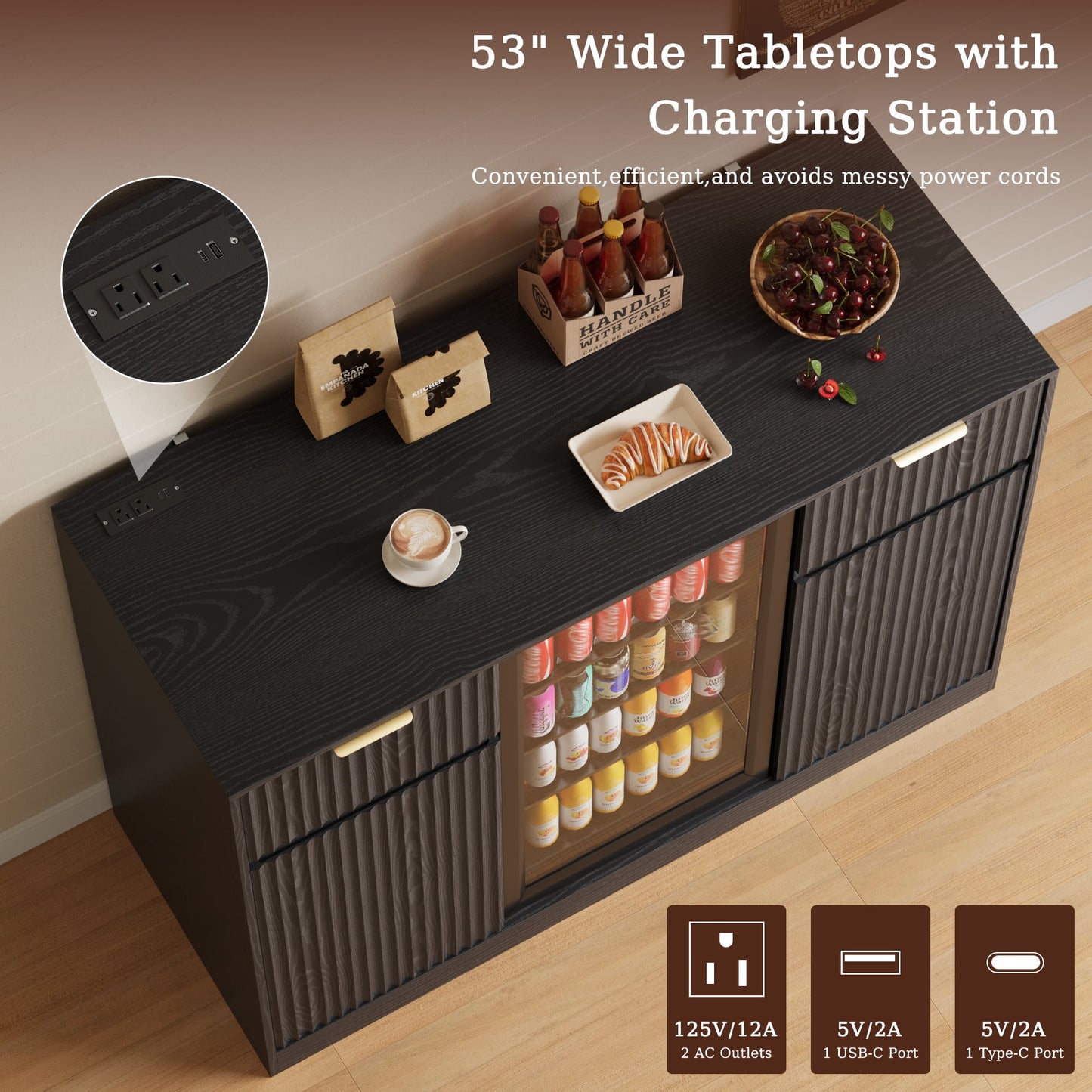 ASTUVIA Mini Fridge Cabinet with Power Outlet,Fluted Coffee Bar Cabinet with Mini Fridge Space,Buffet Sideboard with Drawers,Natural
