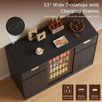 ASTUVIA Mini Fridge Cabinet with Power Outlet,Fluted Coffee Bar Cabinet with Mini Fridge Space,Buffet Sideboard with Drawers,Natural