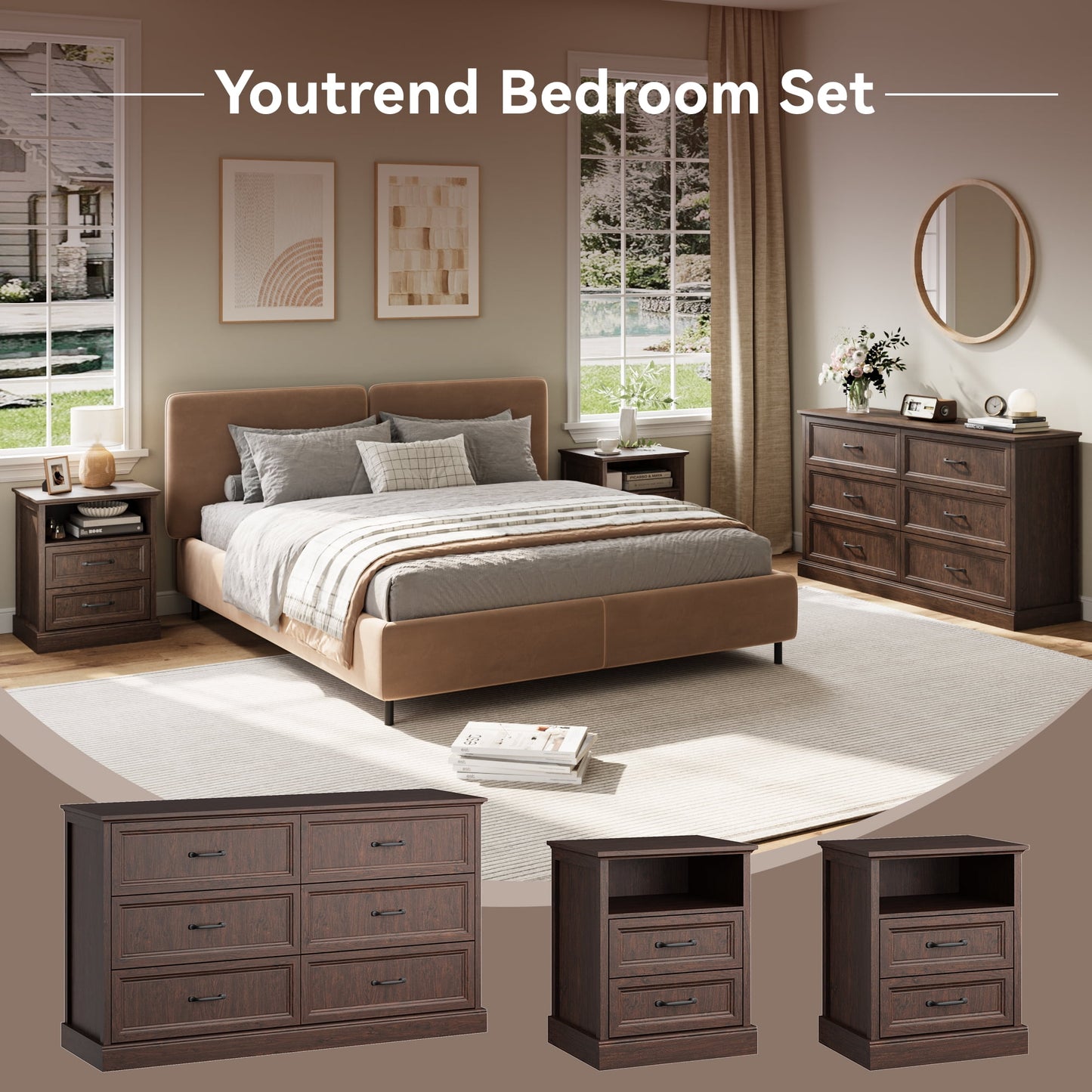 YouTrend 7 Drawer Dresser and Nightstand Sets for Bedroom,3 Piece Bedroom Dresser Set,Fluted Dressers and Nightstands, Modern Bedroom Set