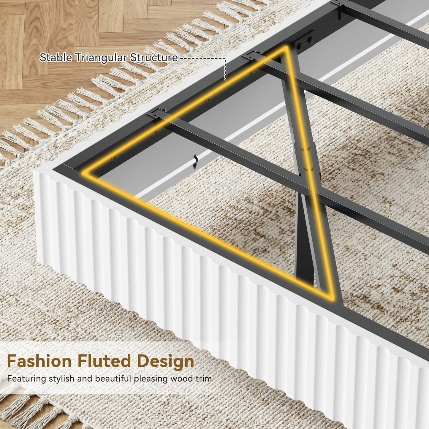 YouTrend King Bed Frame with RGB LED Lights,Floating Bed with Fluted Design;Heavy Duty Steel, Modern Metal Bed Frame,Walnut