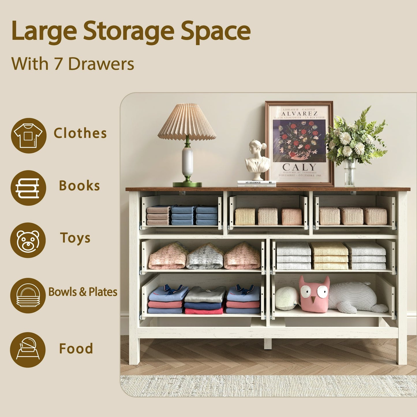 YouTrend 7 Drawer Farmhouse Dresser,Wood Adult Rustic Chest of Drawer with Metal Handles for Bedroom Living Room Hallway,Burlywood & White