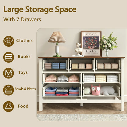 YouTrend 7 Drawer Farmhouse Dresser,Wood Adult Rustic Chest of Drawer with Metal Handles for Bedroom Living Room Hallway,Burlywood & White