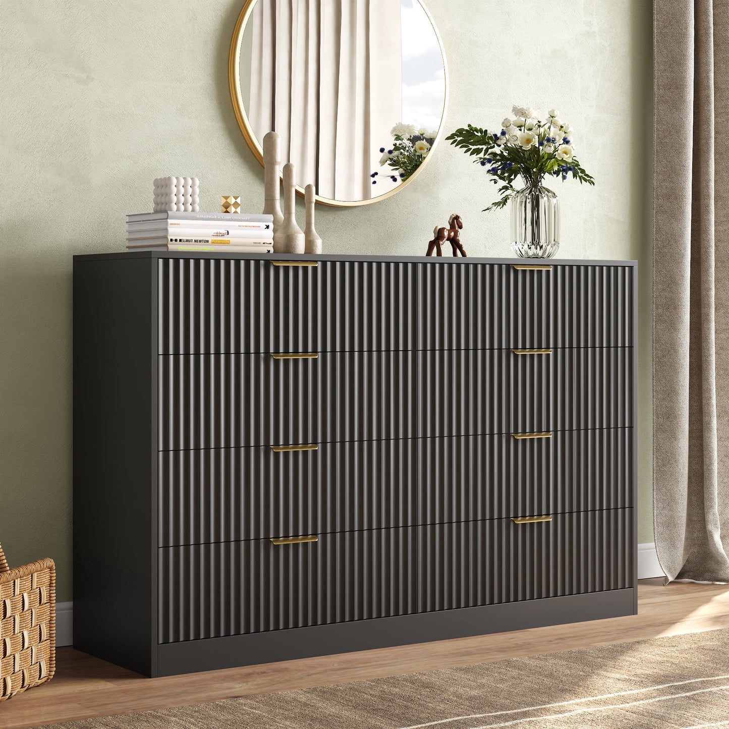 ASTUVIA 55.1" W Fluted 6 Drawer Dresser for Adult,Wooden Bedroom Dresser,Dresser TV Stand up to 65" for Living Room,Brown