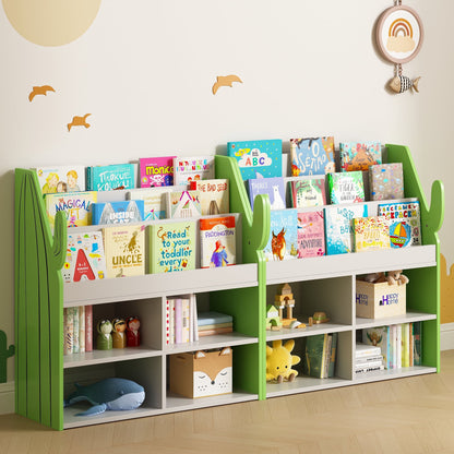 ASTUVIA 3 Tier Kids Bookshelf with Storage,Toy Storage Organizer with Cactus Appearance, Kids Bookcase and Bookshelf with 4 Storage, Green