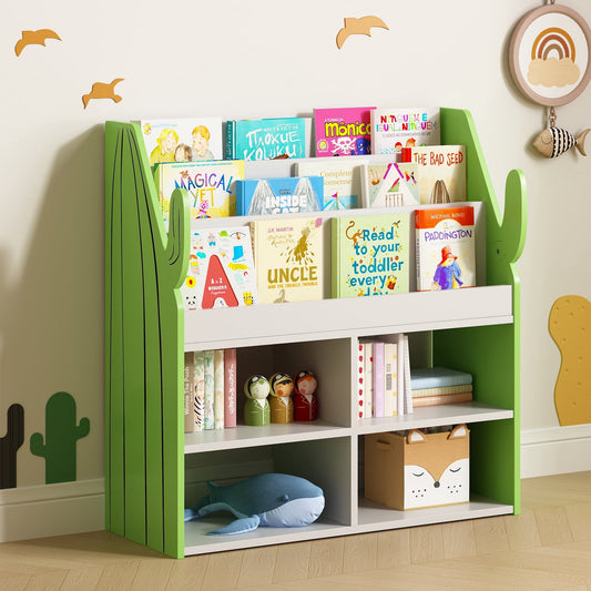 ASTUVIA 3 Tier Kids Bookshelf with Storage,Toy Storage Organizer with Cactus Appearance, Kids Bookcase and Bookshelf with 4 Storage, Green