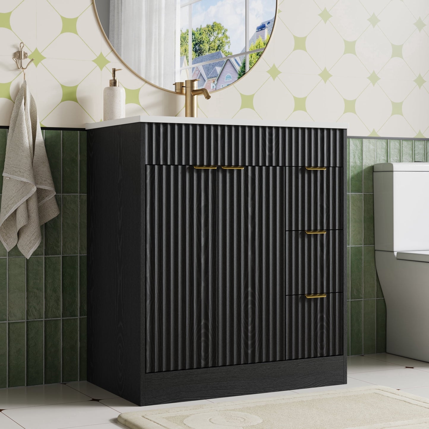 ASTUVIA 60" Fluted Bathroom Vanity Cabinet with 2 Drawers,Bathroom Vanity with Sink and 4 Soft-Close Doors,Floating Bathroom Sink Cabinet,Brown