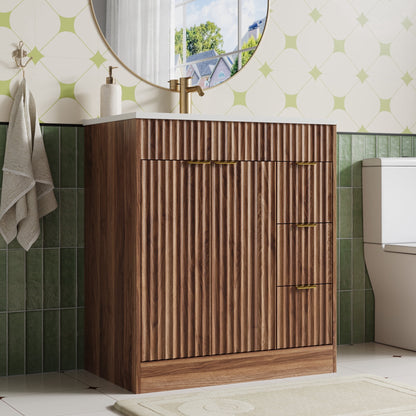 ASTUVIA 60" Fluted Bathroom Vanity Cabinet with 2 Drawers,Bathroom Vanity with Sink and 4 Soft-Close Doors,Floating Bathroom Sink Cabinet,Brown