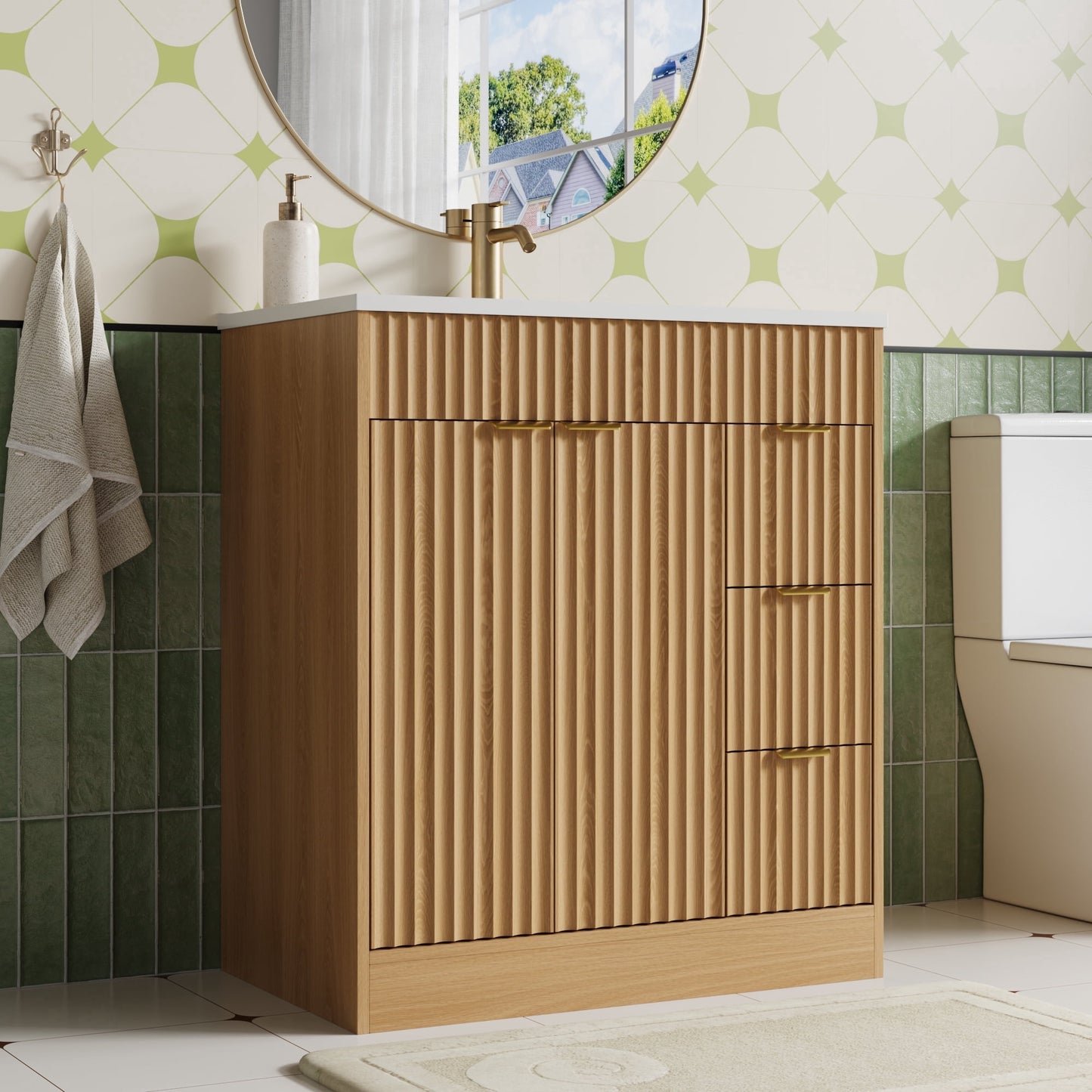 ASTUVIA 60" Fluted Bathroom Vanity Cabinet with 2 Drawers,Bathroom Vanity with Sink and 4 Soft-Close Doors,Floating Bathroom Sink Cabinet,Brown