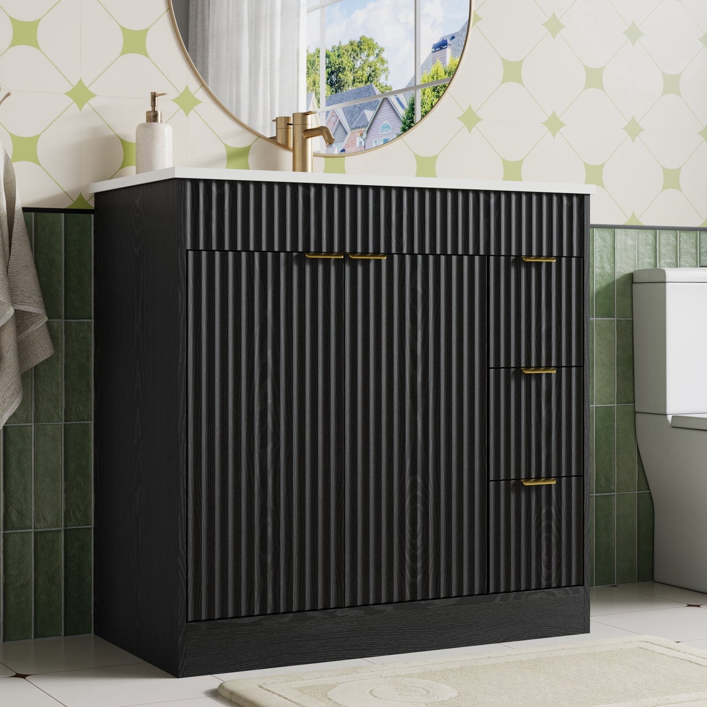 ASTUVIA 60" Fluted Bathroom Vanity Cabinet with 2 Drawers,Bathroom Vanity with Sink and 4 Soft-Close Doors,Floating Bathroom Sink Cabinet,Brown