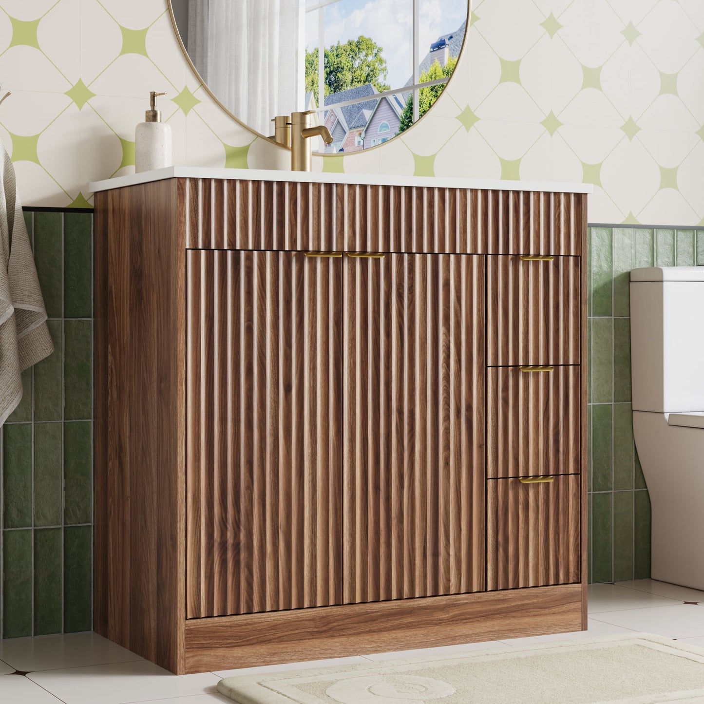 ASTUVIA 60" Fluted Bathroom Vanity Cabinet with 2 Drawers,Bathroom Vanity with Sink and 4 Soft-Close Doors,Floating Bathroom Sink Cabinet,Brown