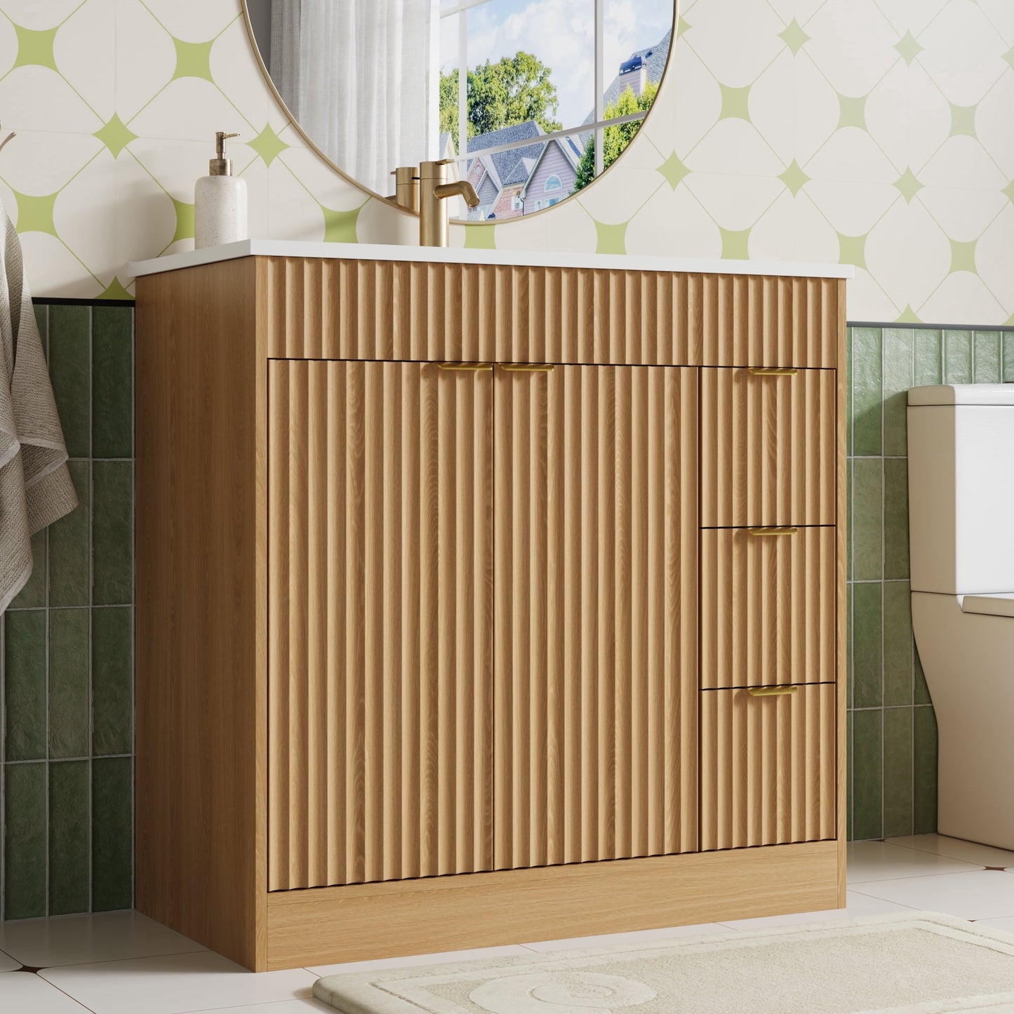 ASTUVIA 60" Fluted Bathroom Vanity Cabinet with 2 Drawers,Bathroom Vanity with Sink and 4 Soft-Close Doors,Floating Bathroom Sink Cabinet,Brown