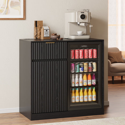 ASTUVIA Mini Fridge Cabinet with Power Outlet,Fluted Coffee Bar Cabinet with Mini Fridge Space,Buffet Sideboard with Drawers,Natural