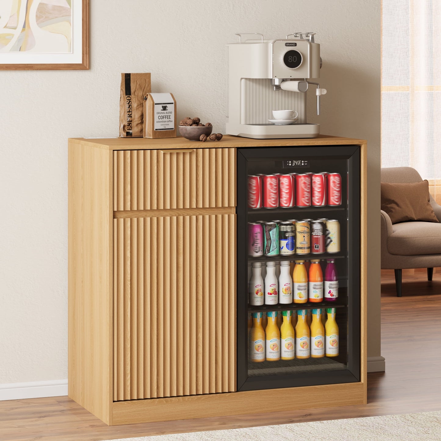 ASTUVIA Mini Fridge Cabinet with Power Outlet,Fluted Coffee Bar Cabinet with Mini Fridge Space,Buffet Sideboard with Drawers,Natural