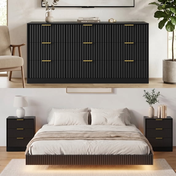 ASTUVIA 4-Piece Bedroom Set for Adult, Fluted Queen Floating LED Bed Frame with 2 Nightstands and Fluted Drawer Dressers
