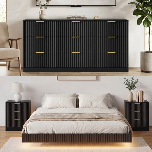 ASTUVIA 4-Piece Bedroom Set for Adult, Fluted Queen Floating LED Bed Frame with 2 Nightstands and Fluted Drawer Dressers