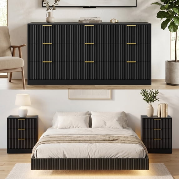ASTUVIA 4-Piece Bedroom Set for Adult, Fluted Queen Floating LED Bed Frame with 2 Nightstands and Fluted Drawer Dressers