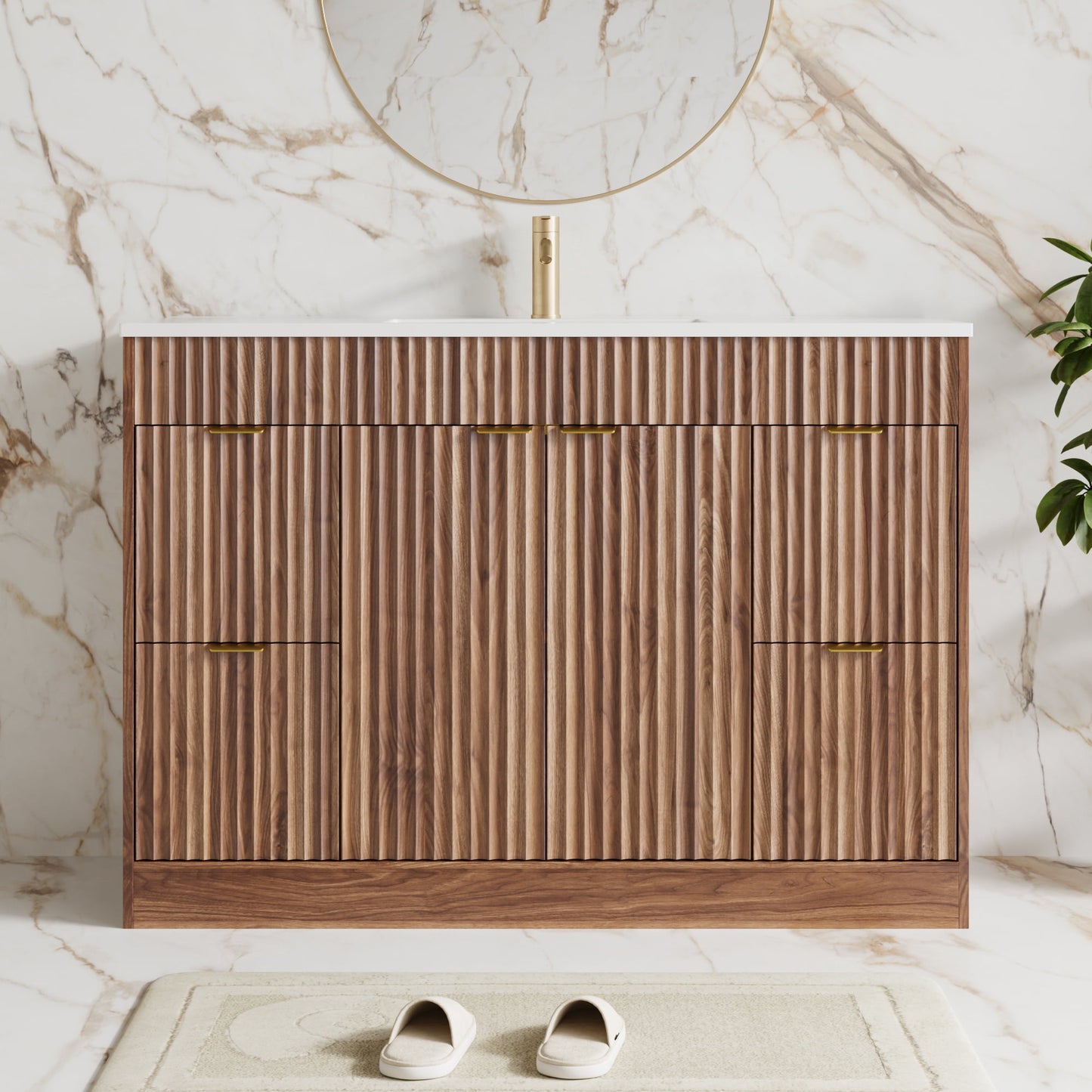 ASTUVIA 60" Fluted Bathroom Vanity Cabinet with 2 Drawers,Bathroom Vanity with Sink and 4 Soft-Close Doors,Floating Bathroom Sink Cabinet,Brown