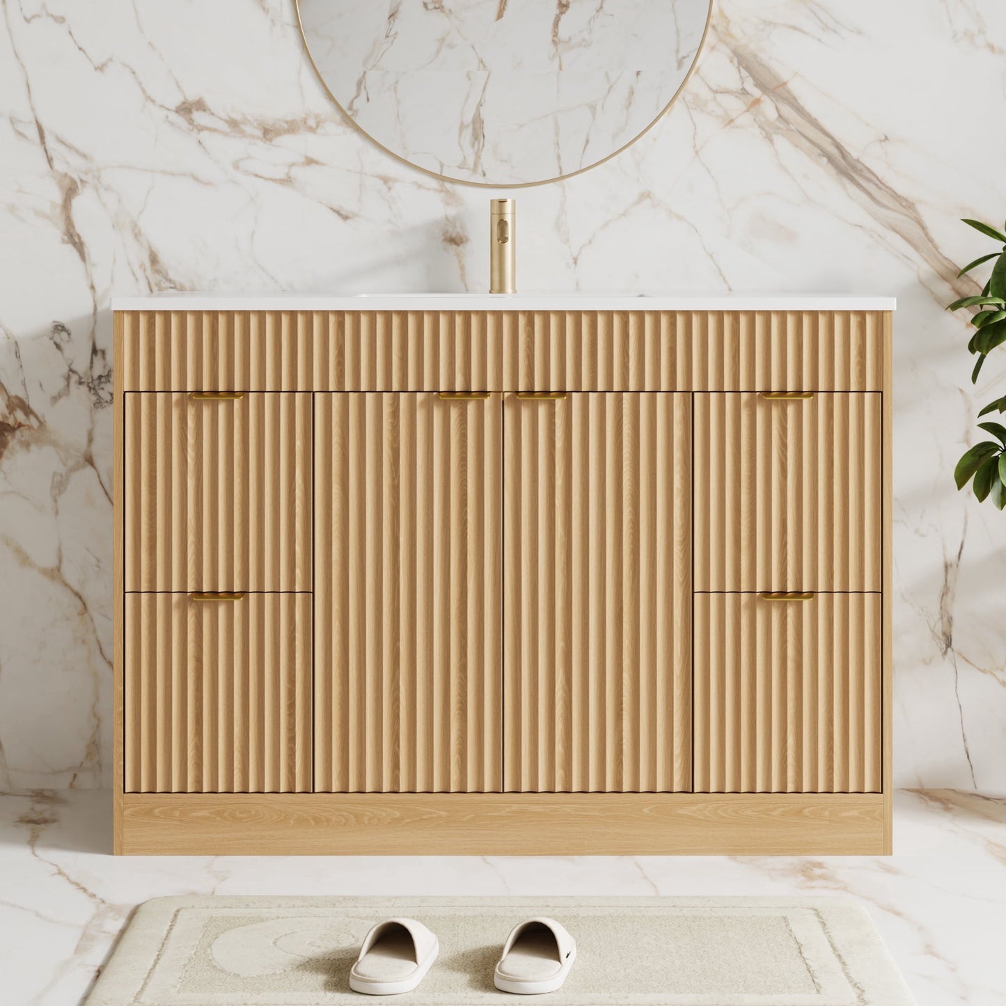 ASTUVIA 60" Fluted Bathroom Vanity Cabinet with 2 Drawers,Bathroom Vanity with Sink and 4 Soft-Close Doors,Floating Bathroom Sink Cabinet,Brown