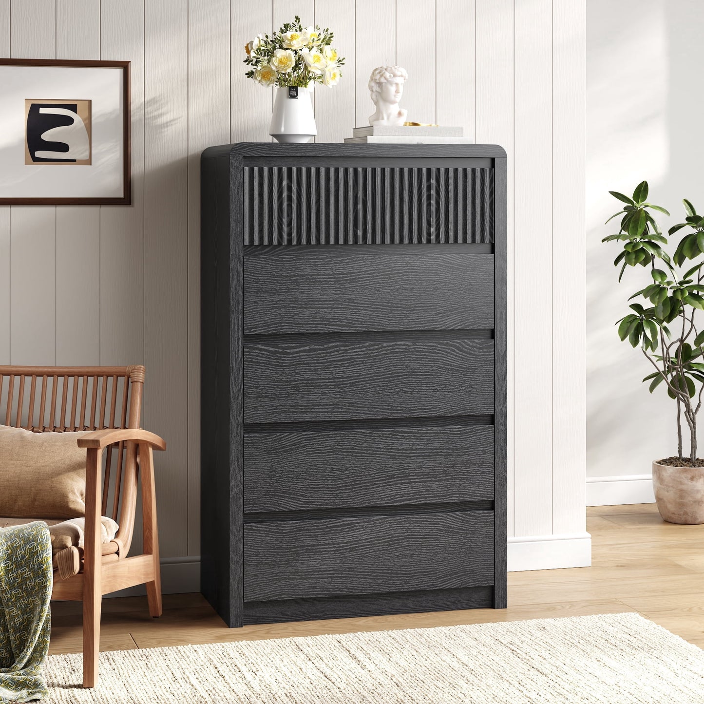 ASTUVIA 9 Fluted Drawers Dresser for Bedroom, 49.2" W Modern Chest of Drawers with Curved Profile Design, Mid Century Storage Dressers Organizer,Brown