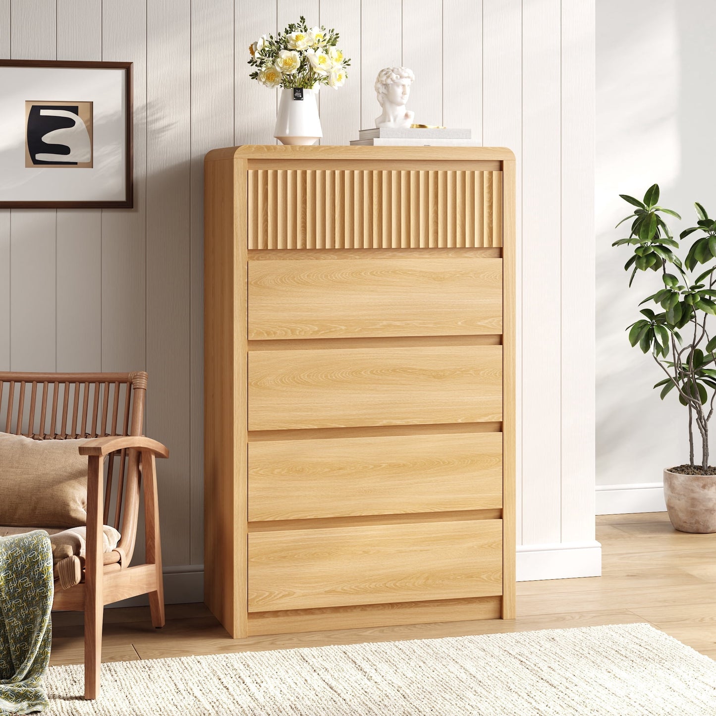 ASTUVIA 9 Fluted Drawers Dresser for Bedroom, 49.2" W Modern Chest of Drawers with Curved Profile Design, Mid Century Storage Dressers Organizer,Brown