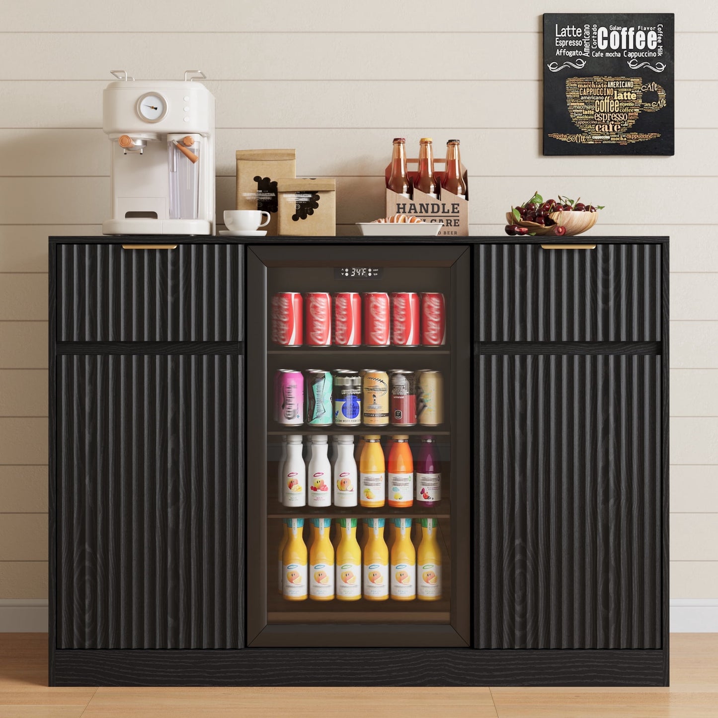 ASTUVIA Mini Fridge Cabinet with Power Outlet,Fluted Coffee Bar Cabinet with Mini Fridge Space,Buffet Sideboard with Drawers,Natural