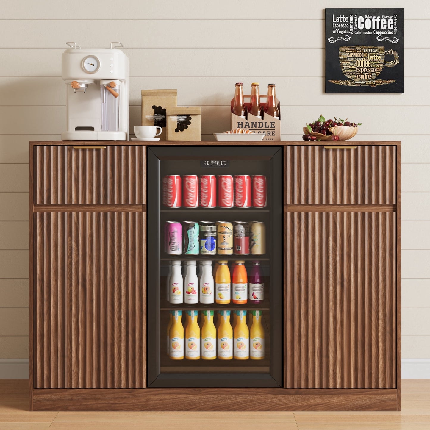 ASTUVIA Mini Fridge Cabinet with Power Outlet,Fluted Coffee Bar Cabinet with Mini Fridge Space,Buffet Sideboard with Drawers,Natural