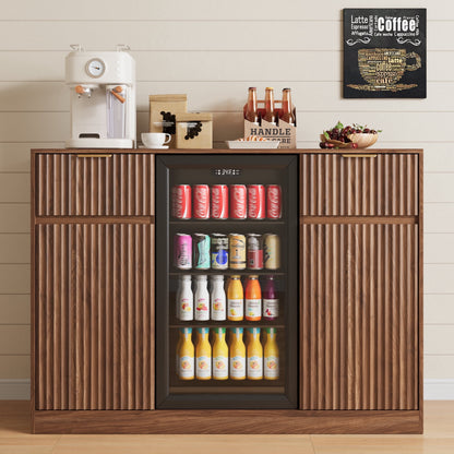ASTUVIA Mini Fridge Cabinet with Power Outlet,Fluted Coffee Bar Cabinet with Mini Fridge Space,Buffet Sideboard with Drawers,Natural