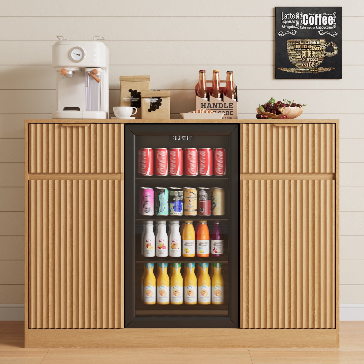 ASTUVIA Mini Fridge Cabinet with Power Outlet,Fluted Coffee Bar Cabinet with Mini Fridge Space,Buffet Sideboard with Drawers,Natural