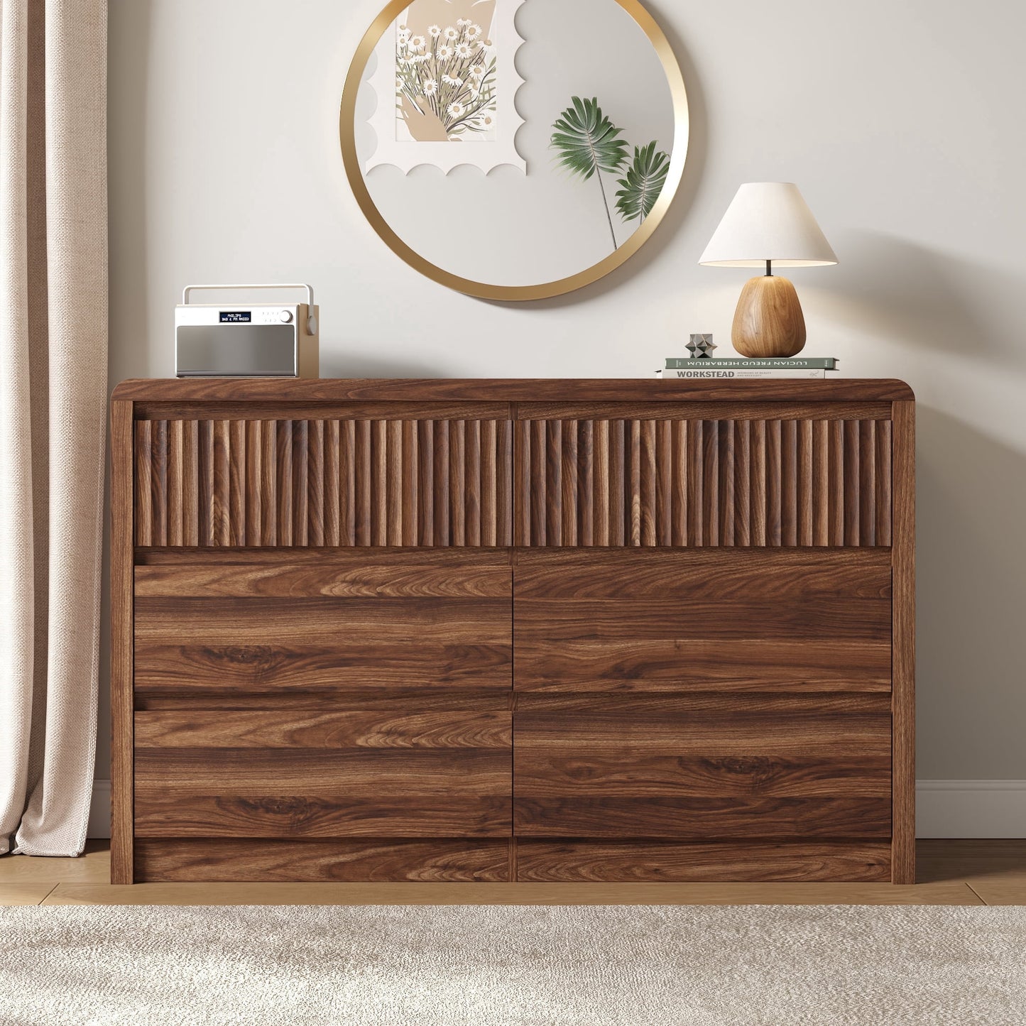 ASTUVIA 9 Fluted Drawers Dresser for Bedroom, 49.2" W Modern Chest of Drawers with Curved Profile Design, Mid Century Storage Dressers Organizer,Brown