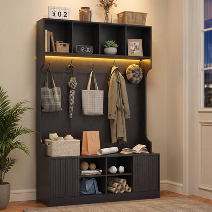 ASTUVIA 70.9"H LED Hall Tree with Bench & Shoe Storage, 47.2"W Entryway Coat Rack with 5 Hooks & 2 Fluted Doors,5 in 1 Coat Hanger for Hallway, Living Room