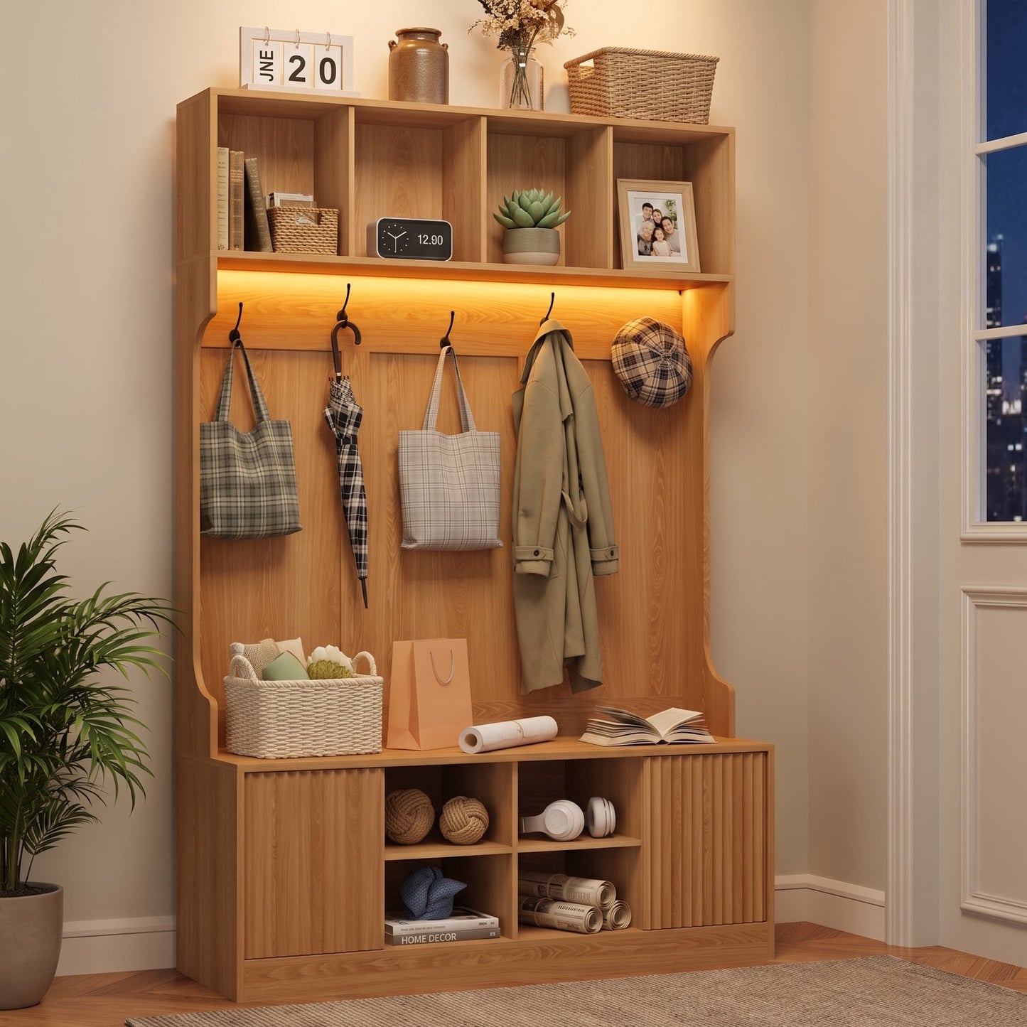 ASTUVIA 70.9"H LED Hall Tree with Bench & Shoe Storage, 47.2"W Entryway Coat Rack with 5 Hooks & 2 Fluted Doors,5 in 1 Coat Hanger for Hallway, Living Room