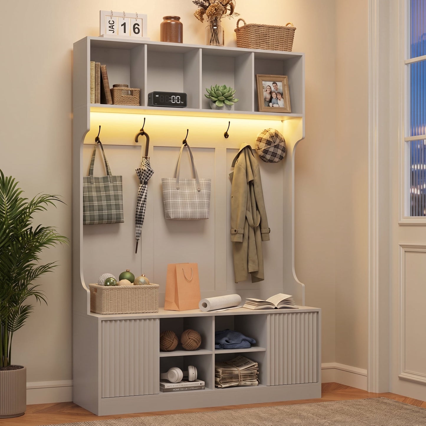 ASTUVIA 70.9"H LED Hall Tree with Bench & Shoe Storage, 47.2"W Entryway Coat Rack with 5 Hooks & 2 Fluted Doors,5 in 1 Coat Hanger for Hallway, Living Room