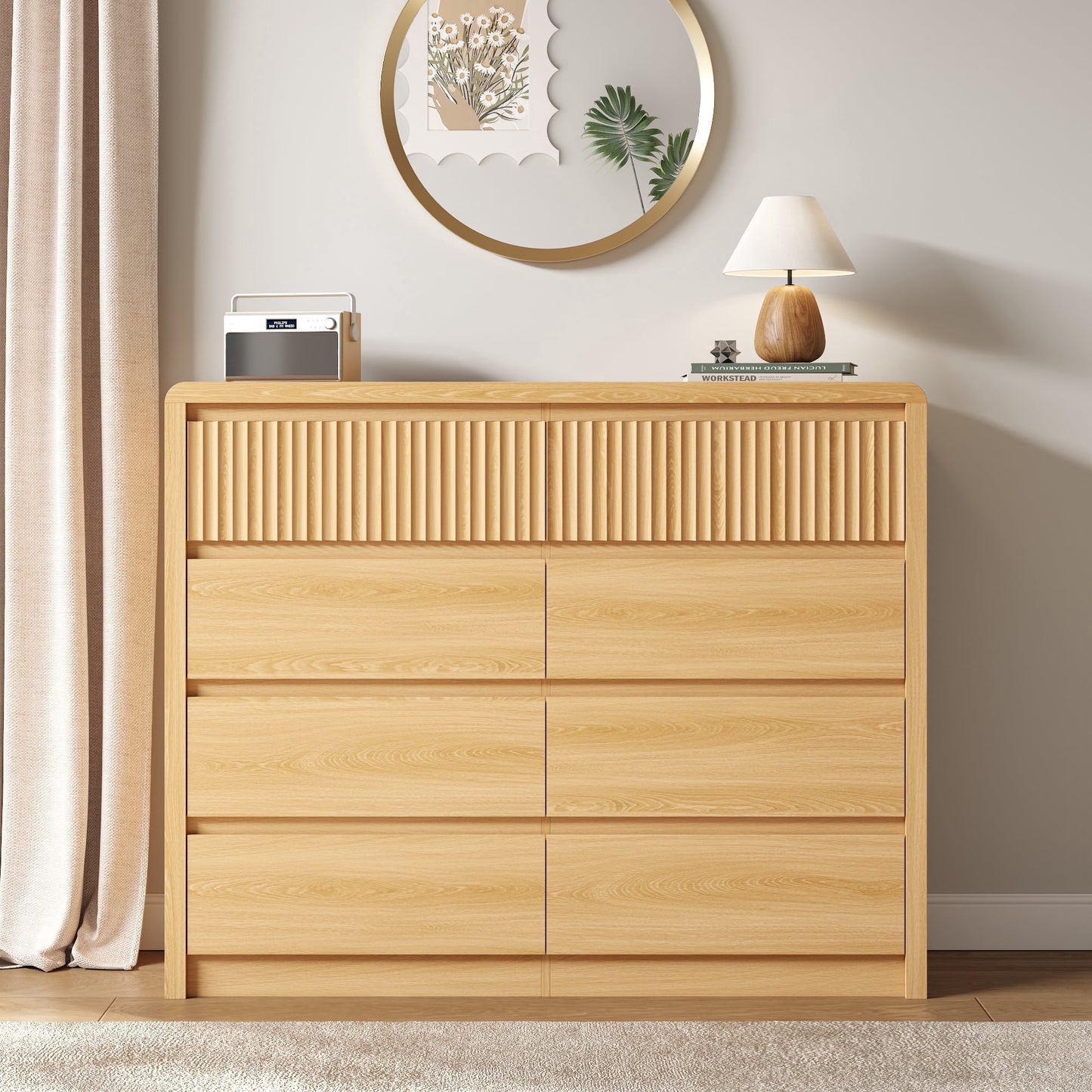 ASTUVIA 9 Fluted Drawers Dresser for Bedroom, 49.2" W Modern Chest of Drawers with Curved Profile Design, Mid Century Storage Dressers Organizer,Brown