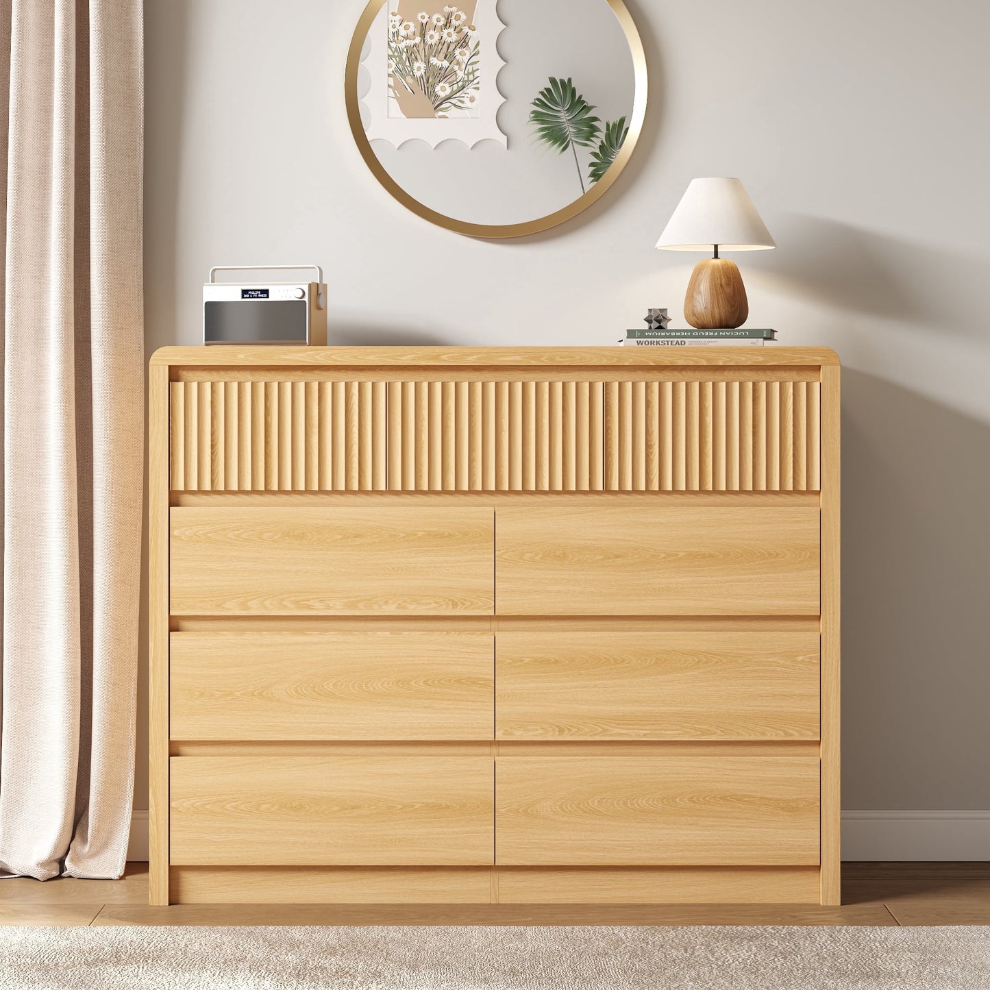 ASTUVIA 9 Fluted Drawers Dresser for Bedroom, 49.2" W Modern Chest of Drawers with Curved Profile Design, Mid Century Storage Dressers Organizer,Brown