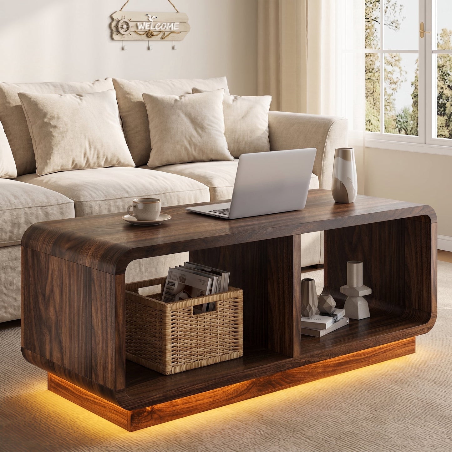 ASTUVIA Coffee Table with LED Lights, 47.2" W TV Stand Center Table with 2-Tiers for Living Room