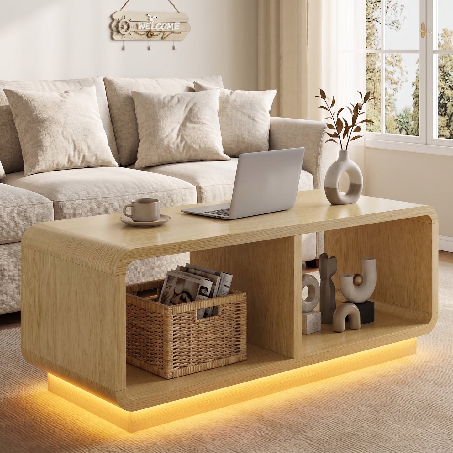 ASTUVIA Coffee Table with LED Lights, 47.2" W TV Stand Center Table with 2-Tiers for Living Room